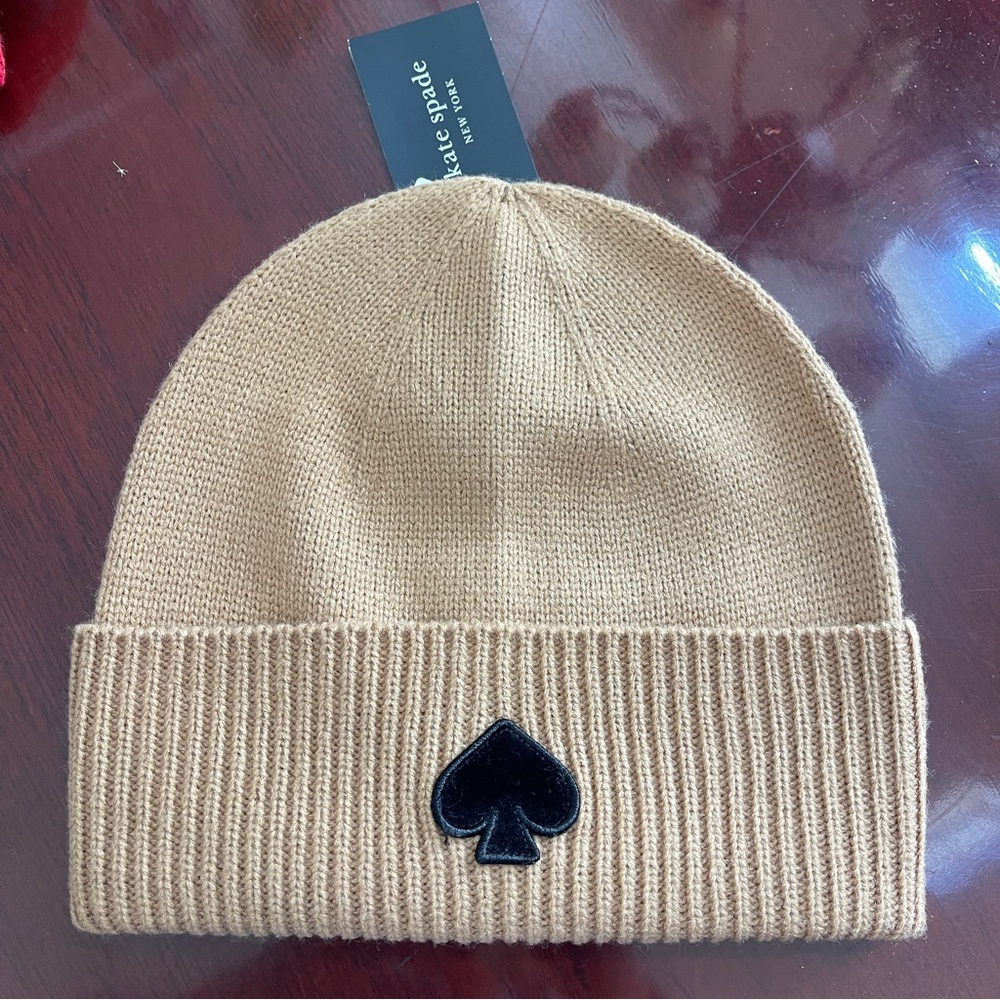 Kate Spade Tan and Black Knit Hat with Signature Spade
